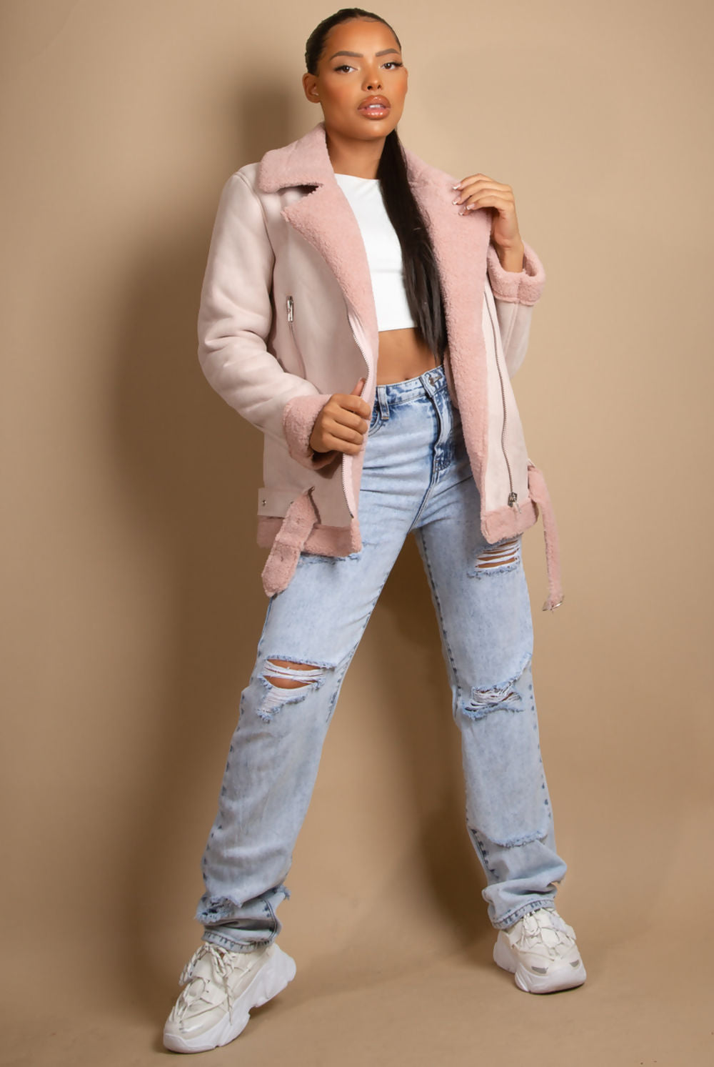 Pink Faux Suede Aviator Jacket (11701)