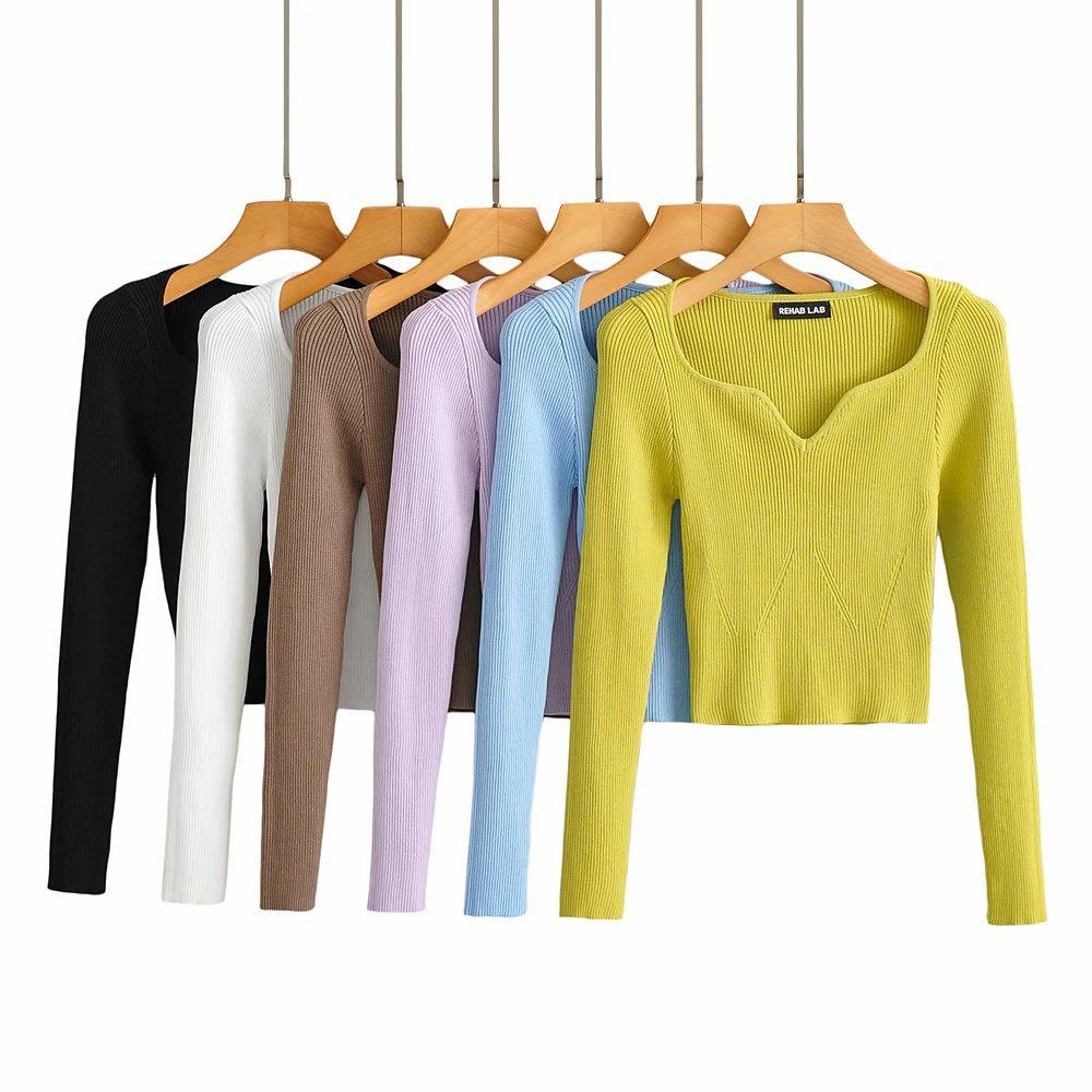 Sexy V Neck Cropped Sweaters Women's Long Sleeve Autumn Winter Knitted