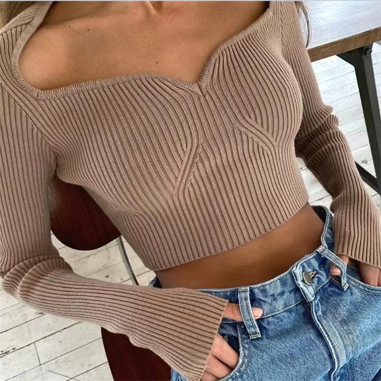 Sexy V Neck Cropped Sweaters Women's Long Sleeve Autumn Winter Knitted