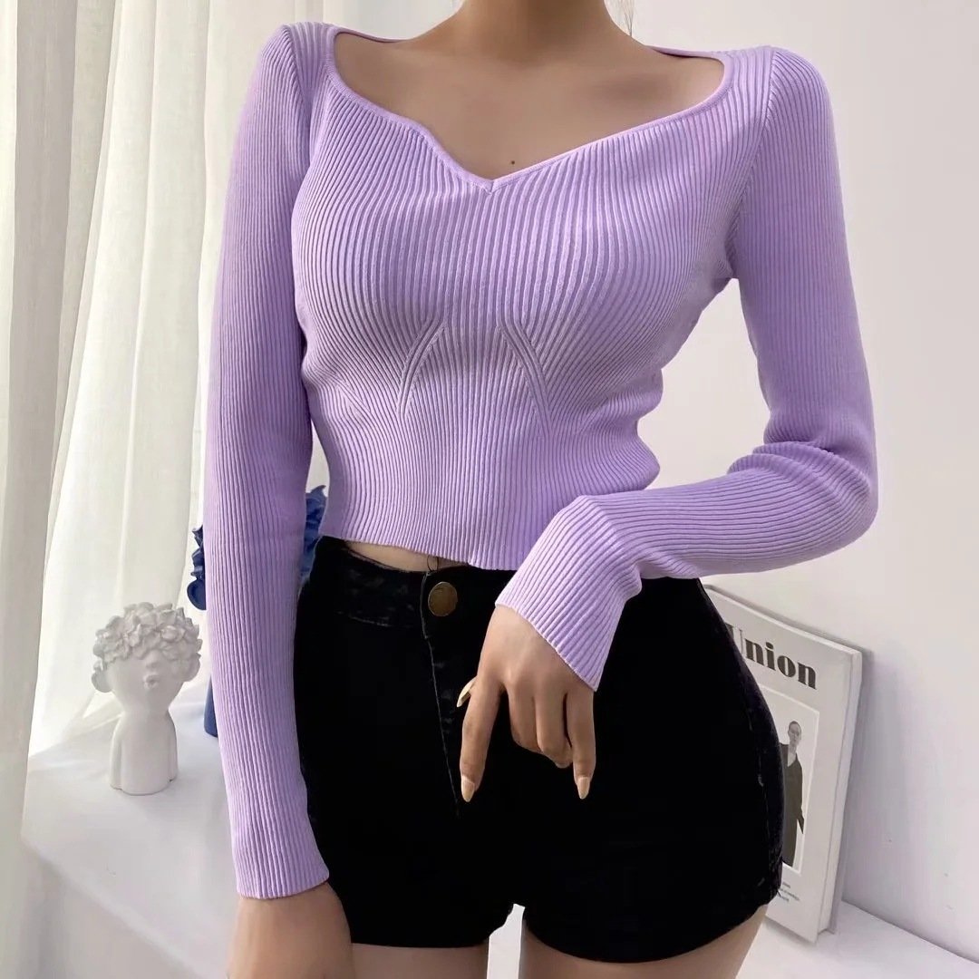 Sexy V Neck Cropped Sweaters Women's Long Sleeve Autumn Winter Knitted