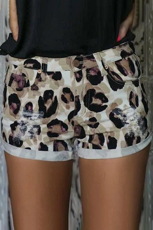 Taupe Leopard Distressed Shorts