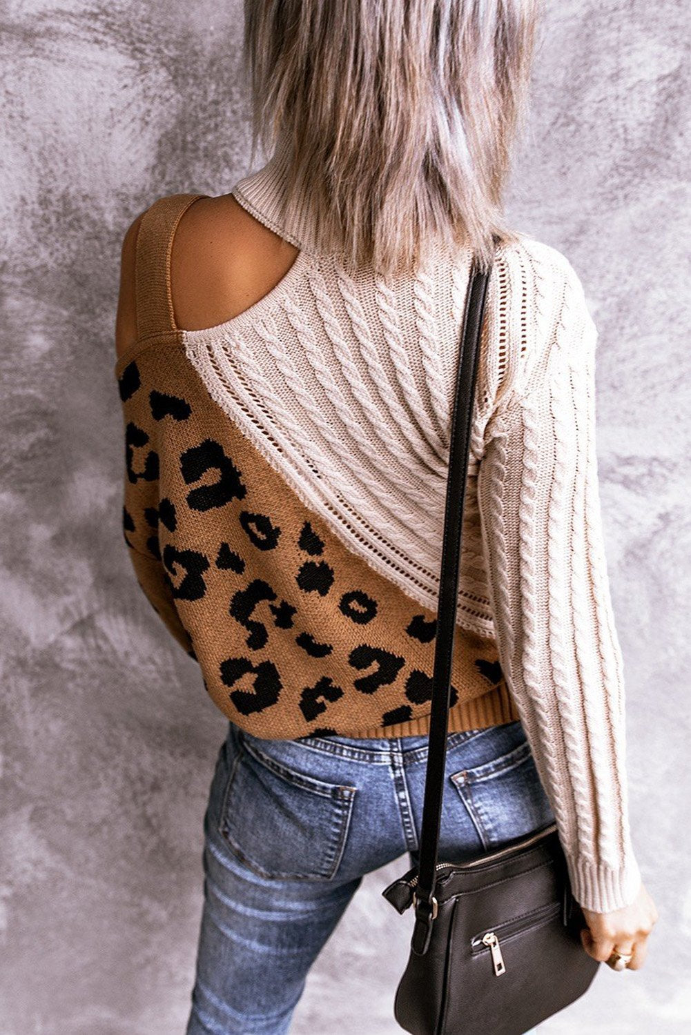 White Brown Asymmetrical Turtleneck Buckle Sweater