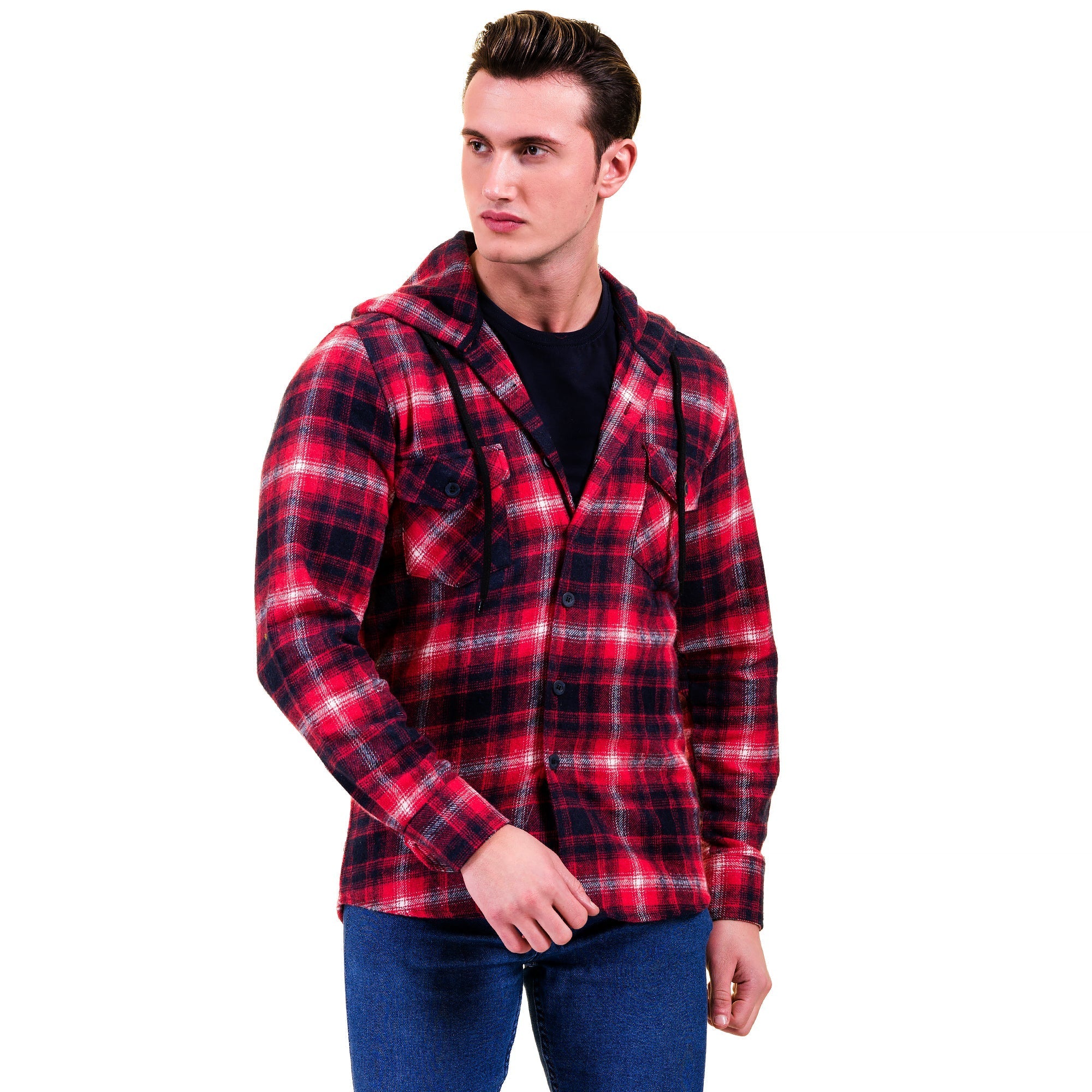 Red Black Check European Wool Luxury Zippered With Hoodie Sweater