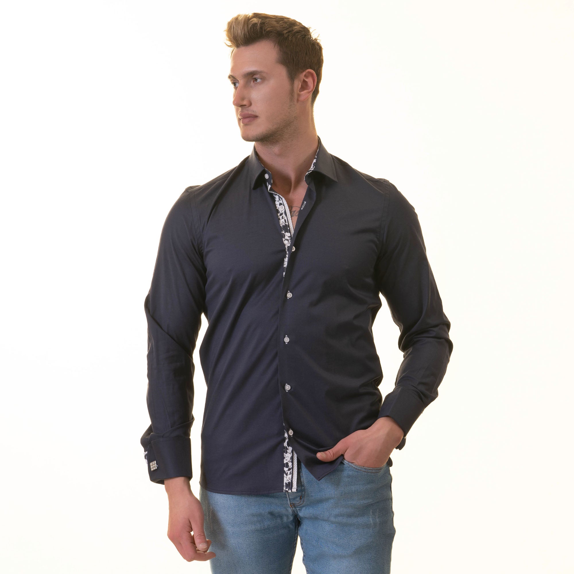 Navy inside Floral Mens Slim Fit Designer French Cuff Shirt - tailored