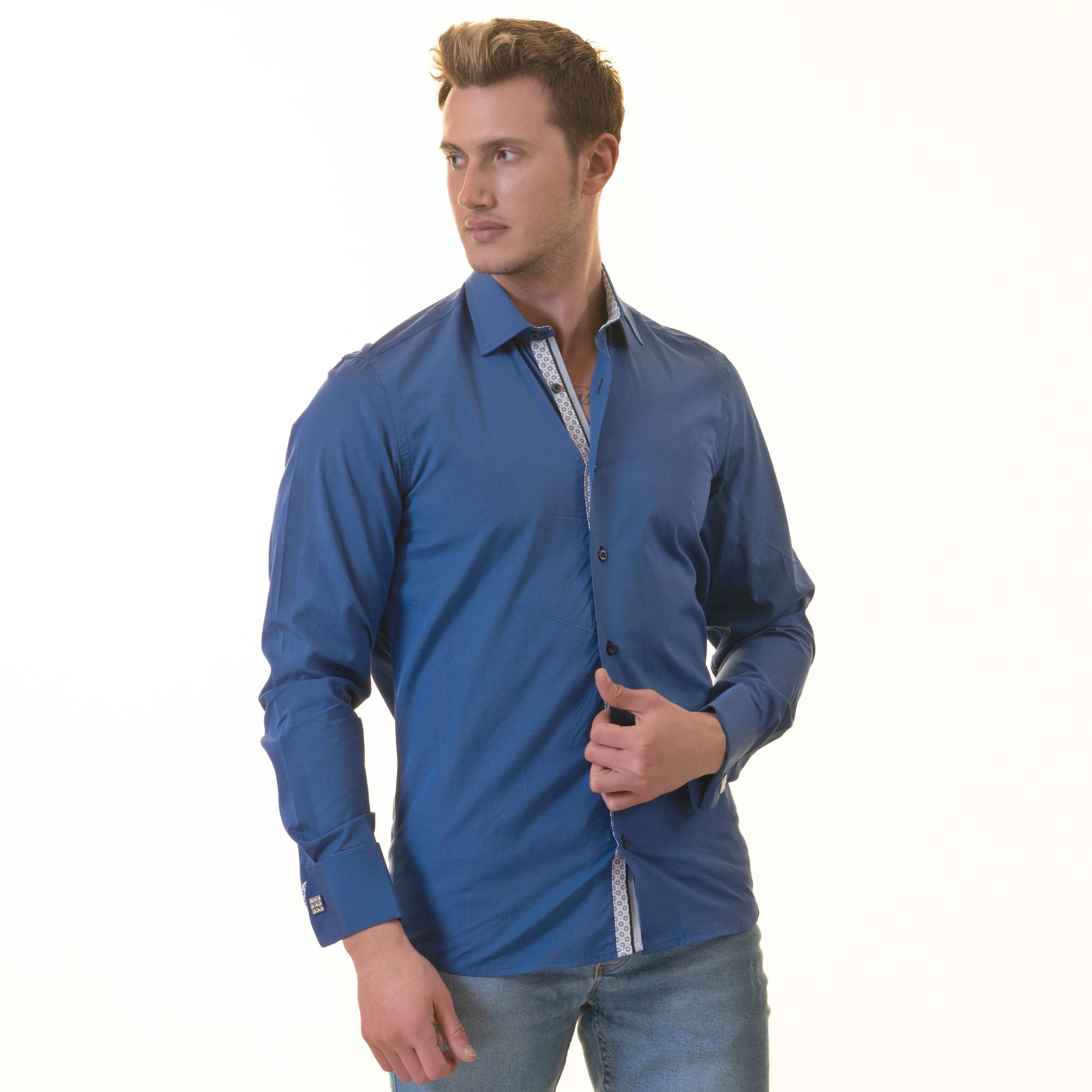 Royal Blue inside White Printed Double Cuff Shirt Mens Slim Fit