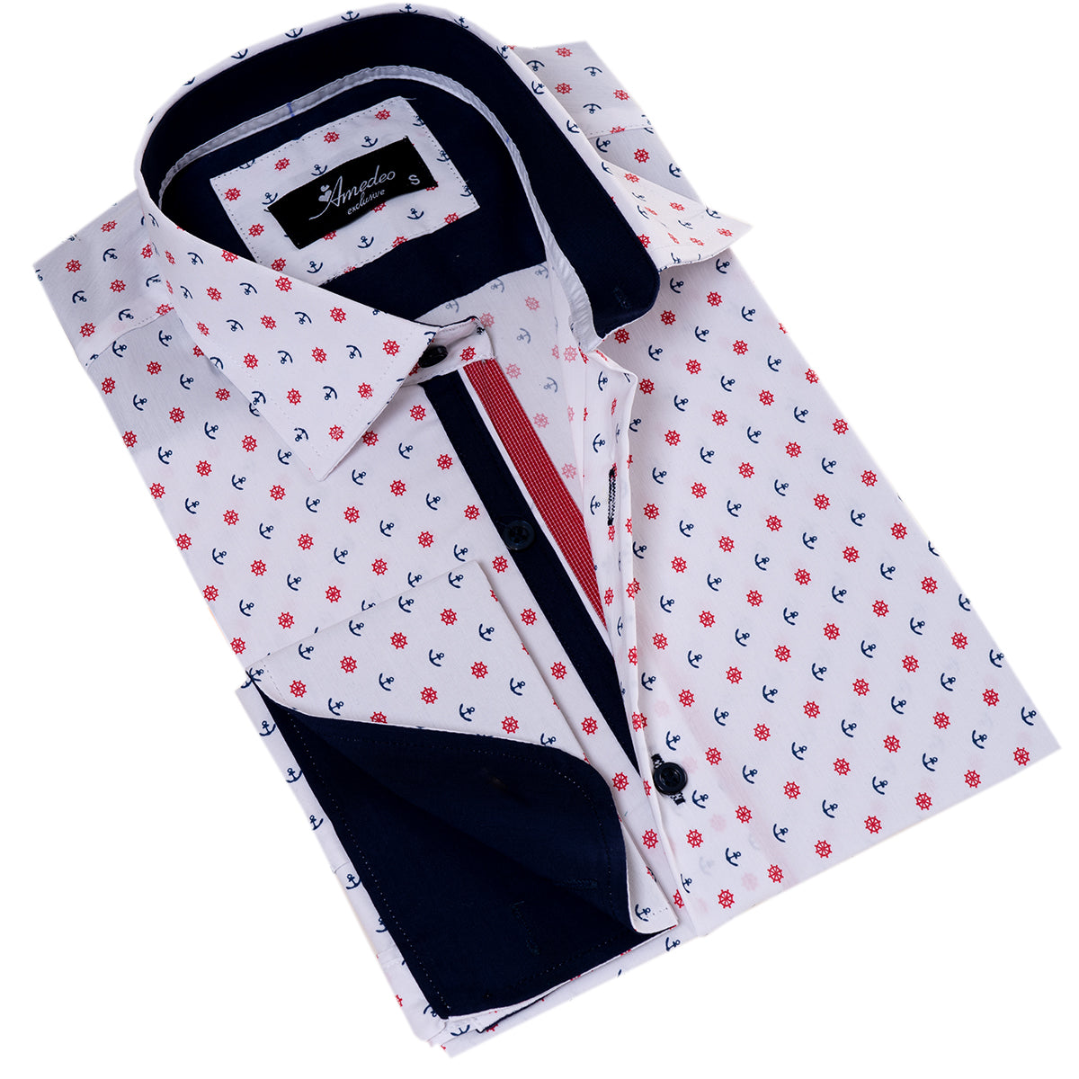 White Blue & Red Anchor Mens Slim Fit Designer French Cuff Shirt