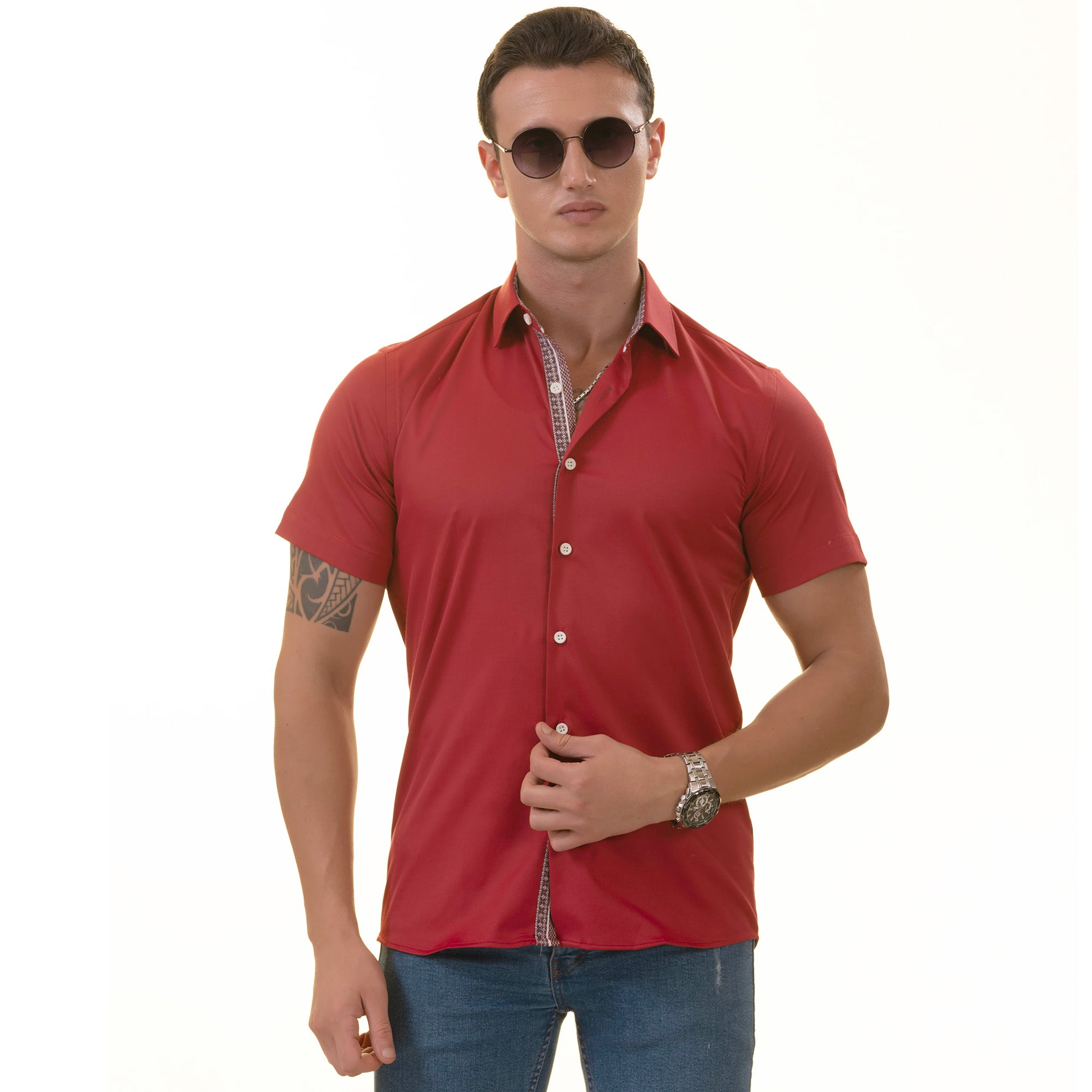 Red with Burgandy interior Paisley  Short Sleeve Button up Shirts -