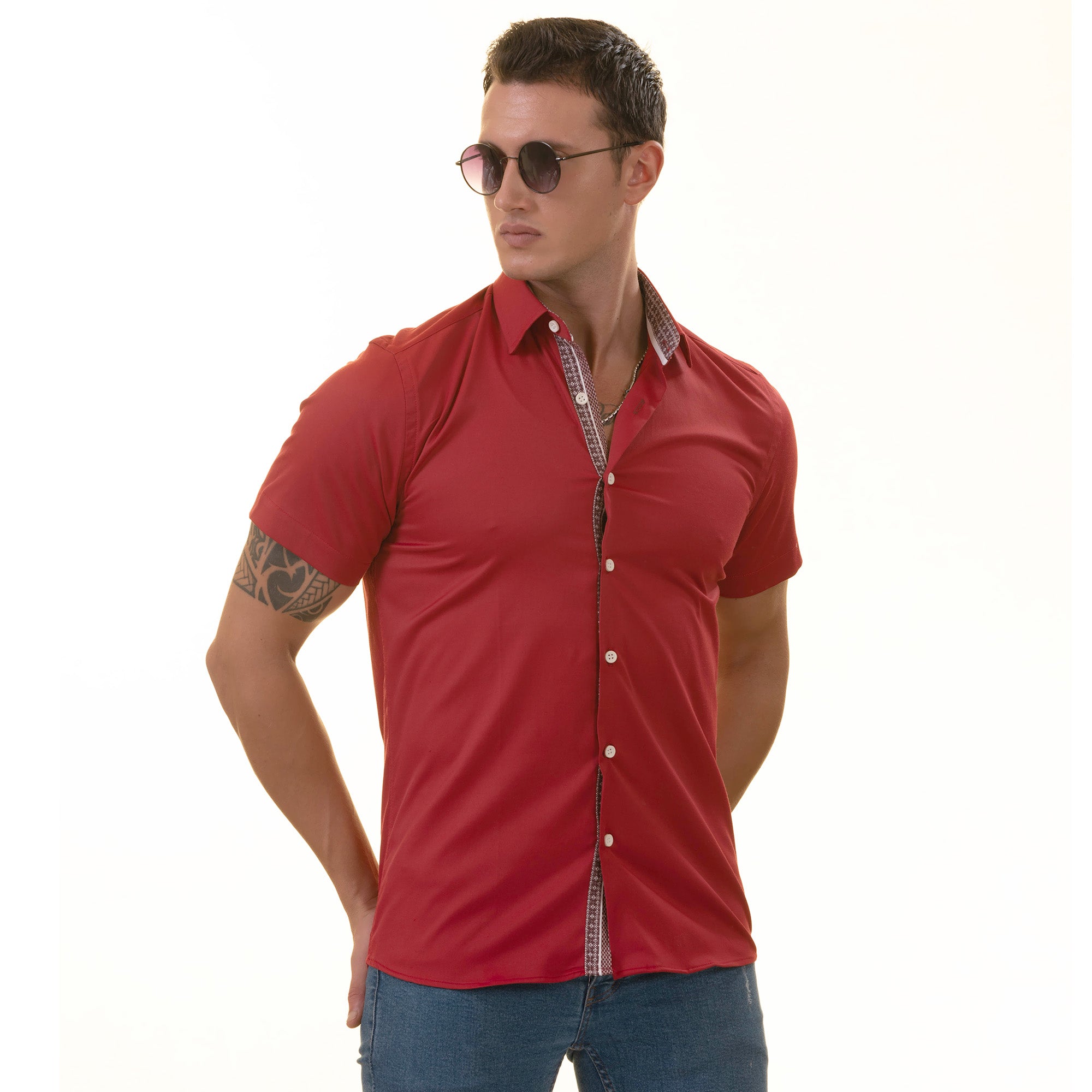 Red with Burgandy interior Paisley  Short Sleeve Button up Shirts -