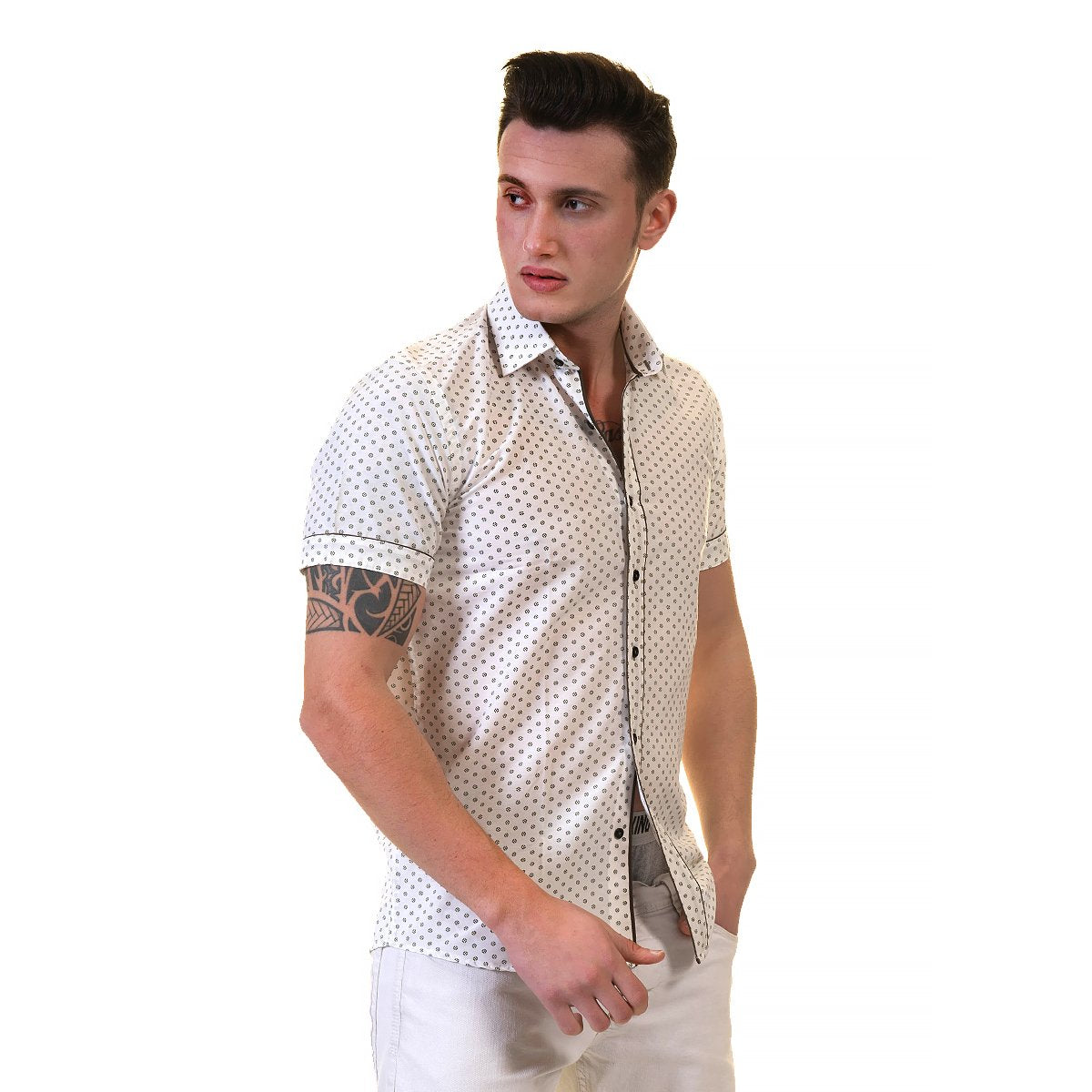 Off White Doted Mens Short Sleeve Button up Shirts - Tailored Slim Fit