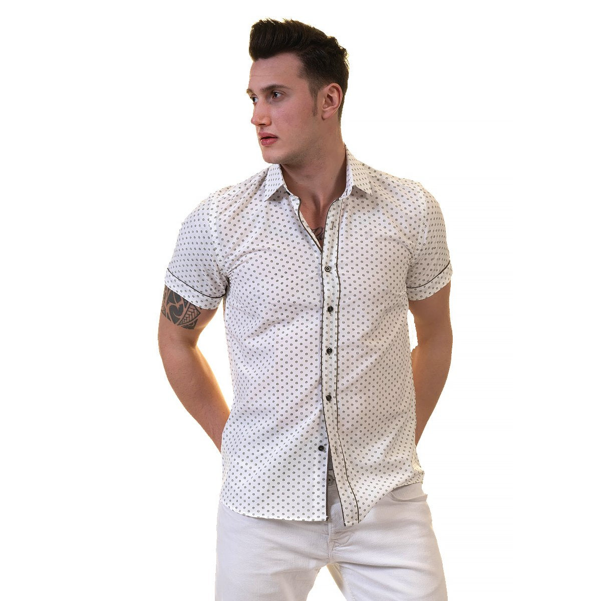 Off White Doted Mens Short Sleeve Button up Shirts - Tailored Slim Fit