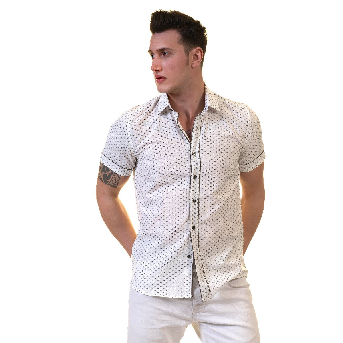 Off White Doted Mens Short Sleeve Button up Shirts - Tailored Slim Fit