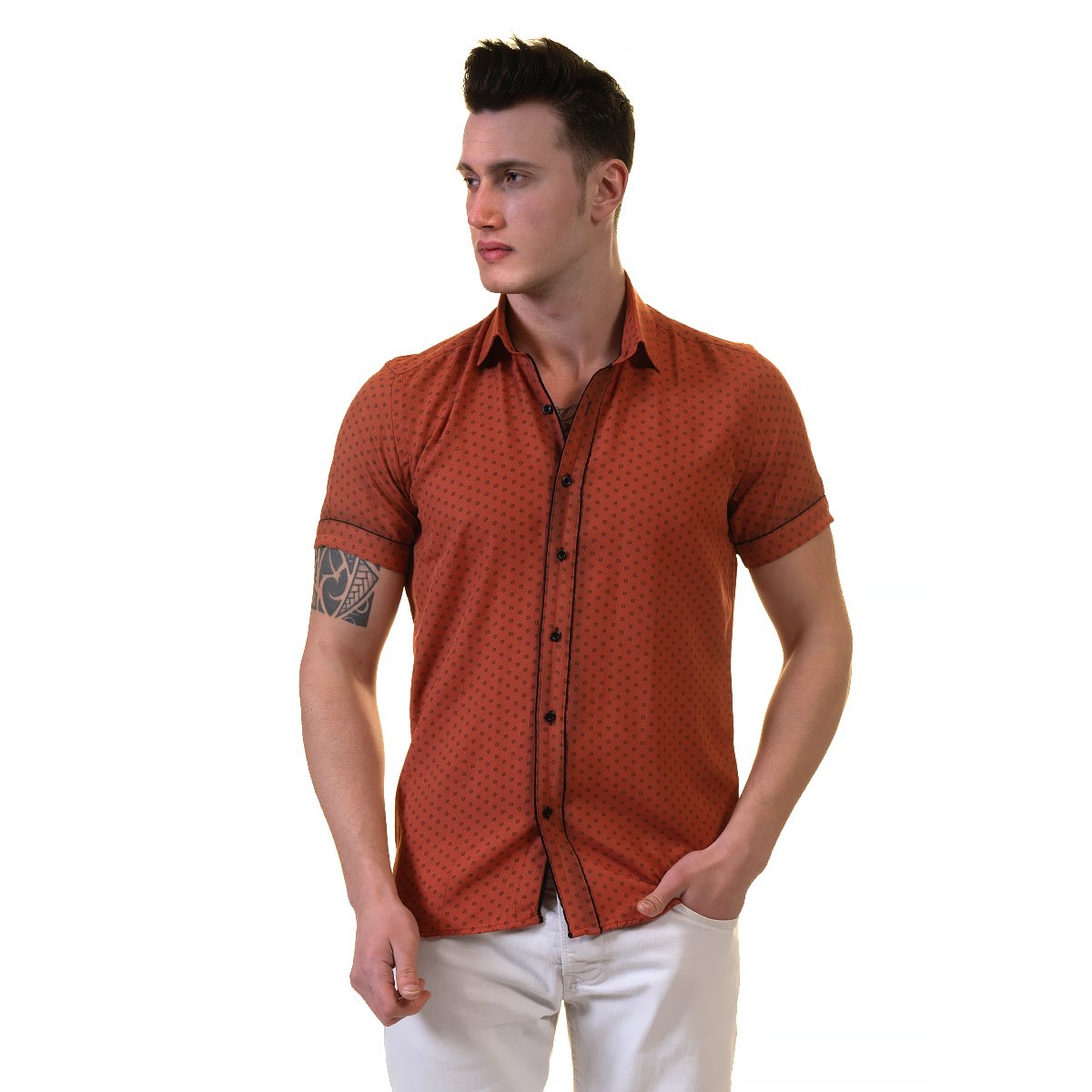 Orange / Reddish Mens Short Sleeve Button up Shirts - Tailored Slim