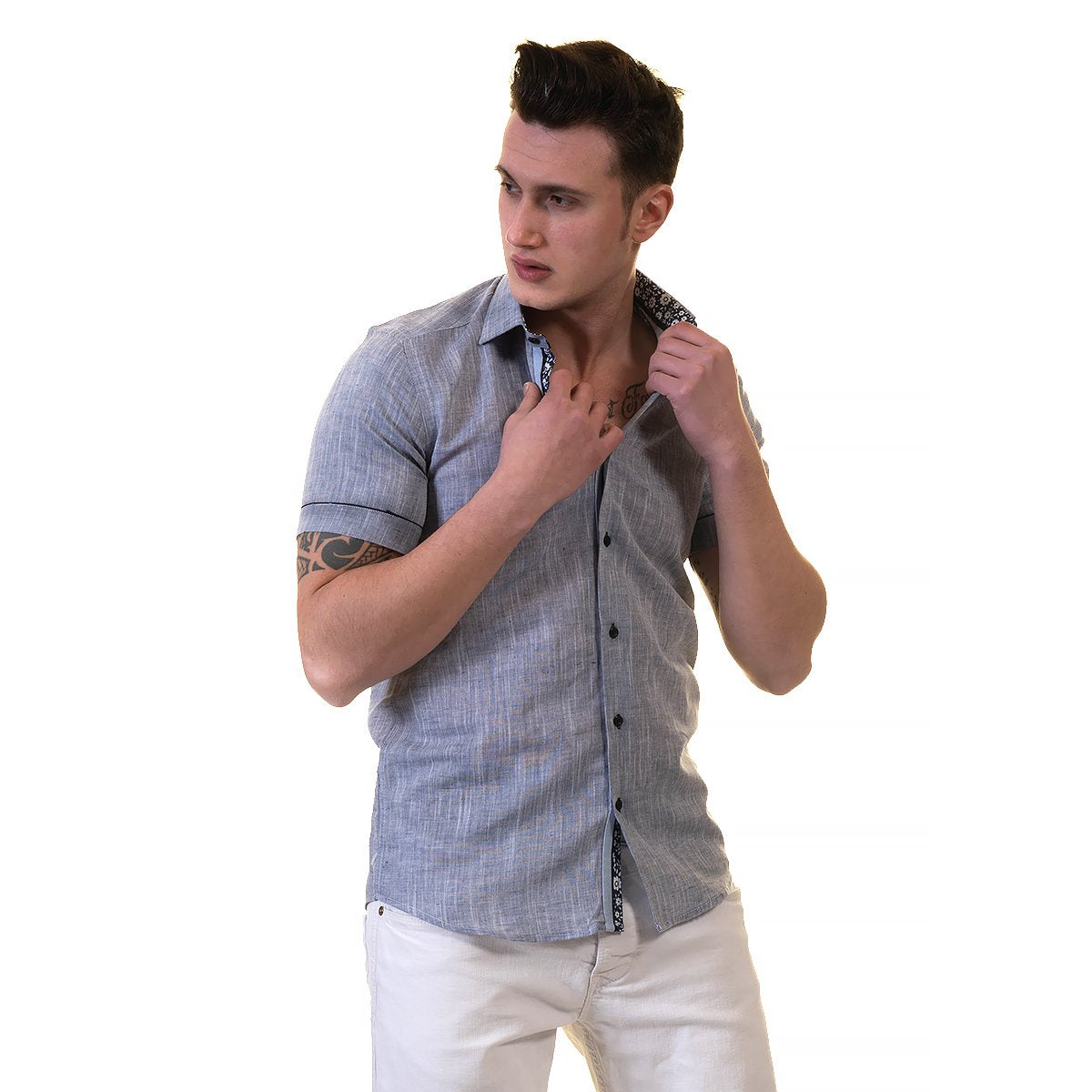 Mens Short Sleeve Button up Shirts - Tailored Slim Fit Cotton Dress