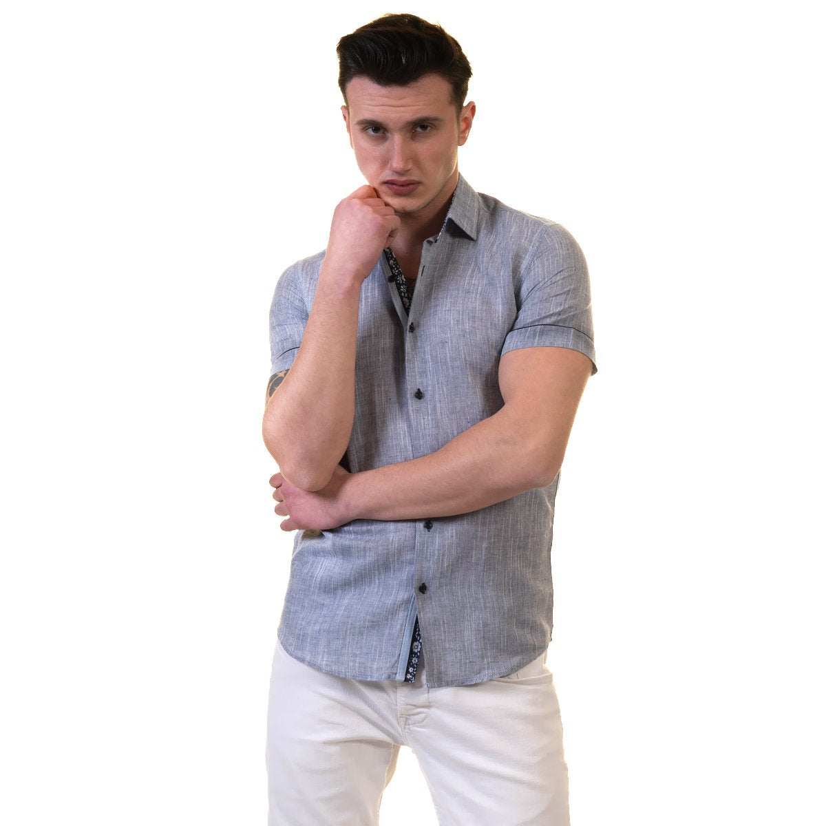 Mens Short Sleeve Button up Shirts - Tailored Slim Fit Cotton Dress