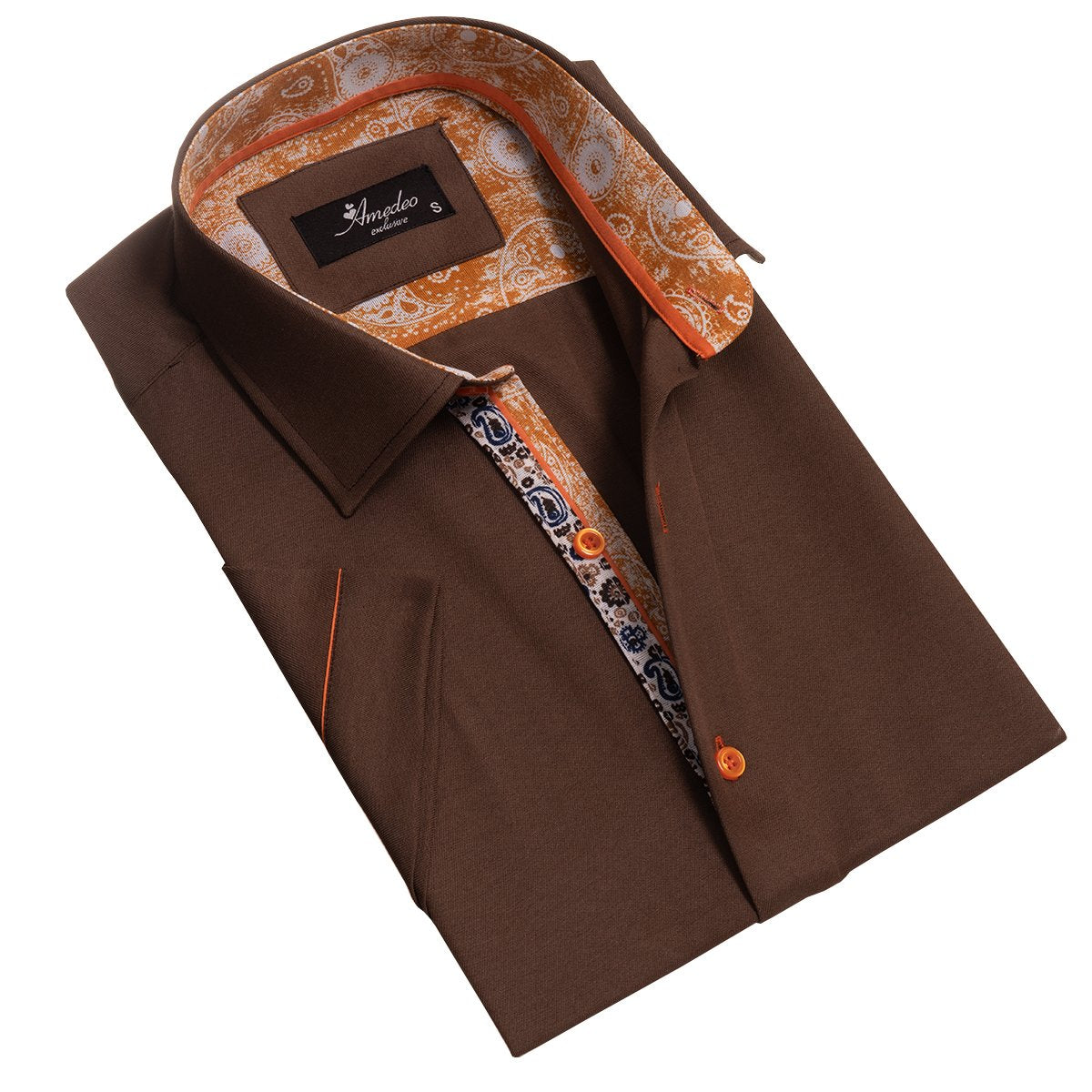 Mens Brown Short Sleeve Button up Shirts - Tailored Slim Fit Cotton