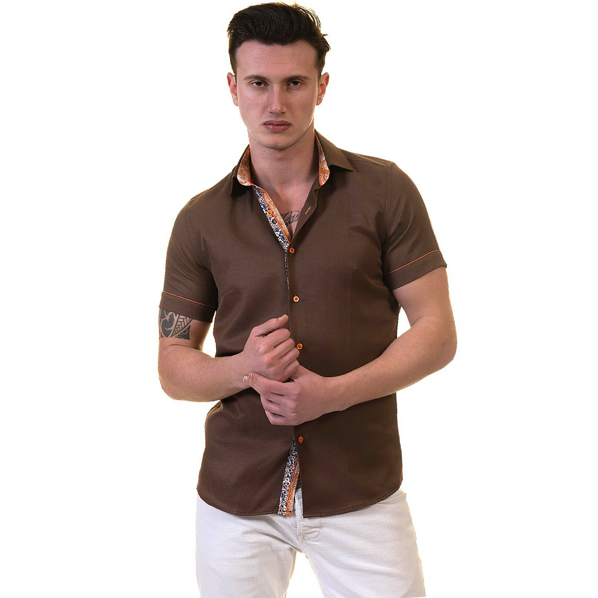 Mens Brown Short Sleeve Button up Shirts - Tailored Slim Fit Cotton