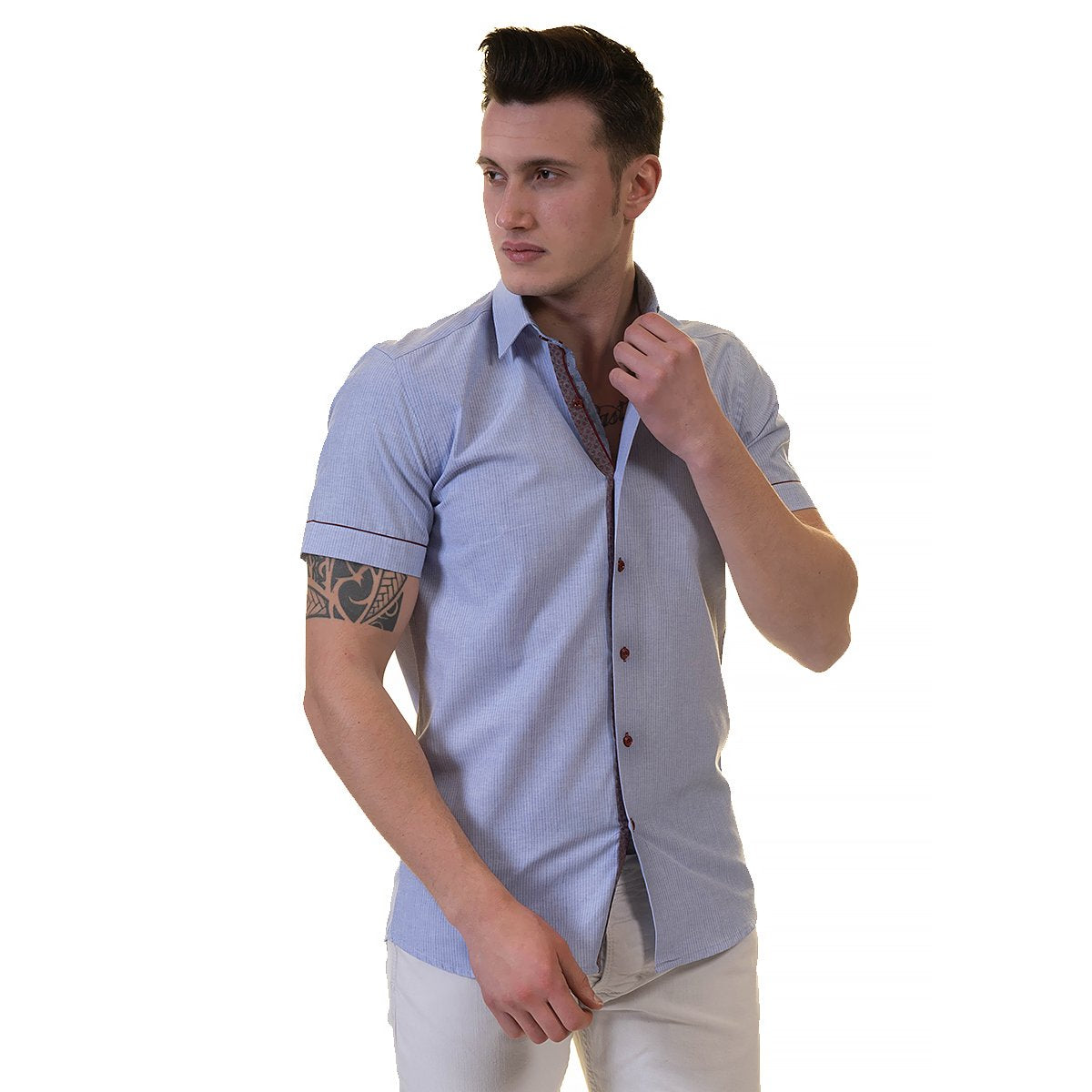 Mens Sky Blue Short Sleeve Button up Shirts - Tailored Slim Fit Cotton