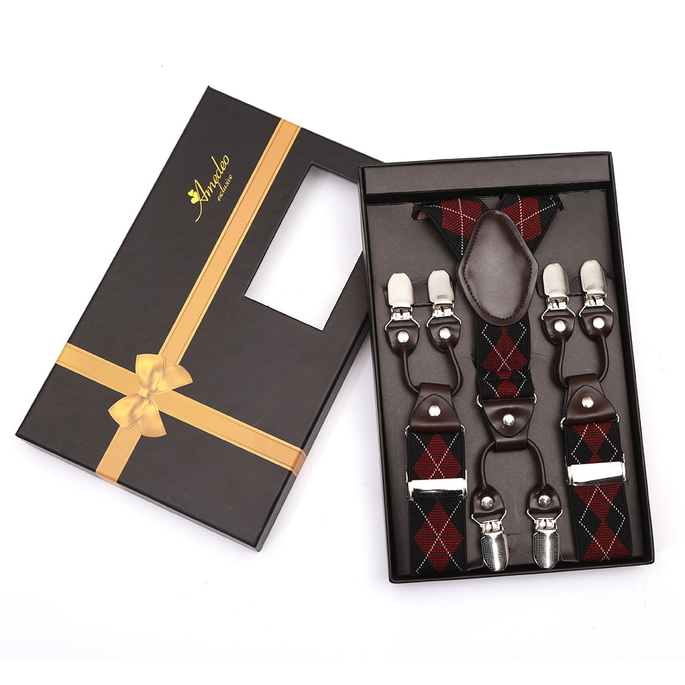 Red Black Check Strap Dual Clip On Elastic suspenders for Men -