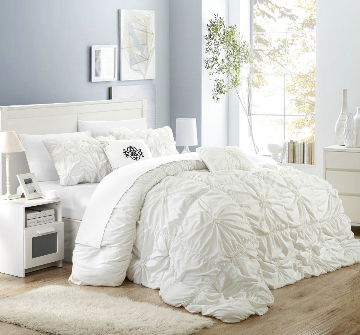 Ramanda Floral Pinch Pleat Ruffled Designer Embellished Comforter Set