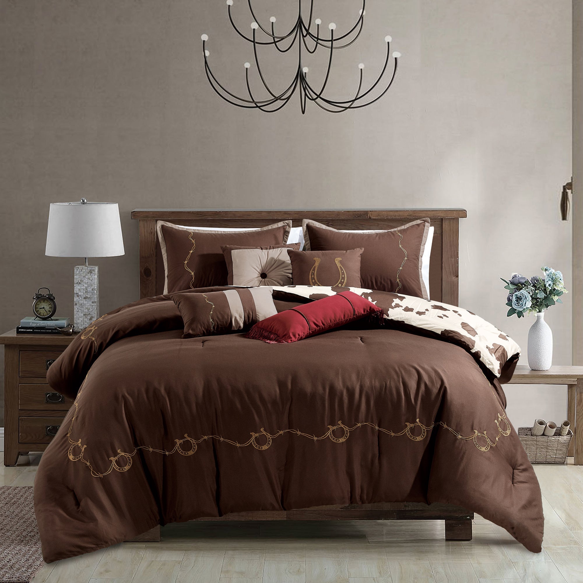 Reversible Cowhide Lovers Brown Horseshoe Comforter Set - 7 Piece Set