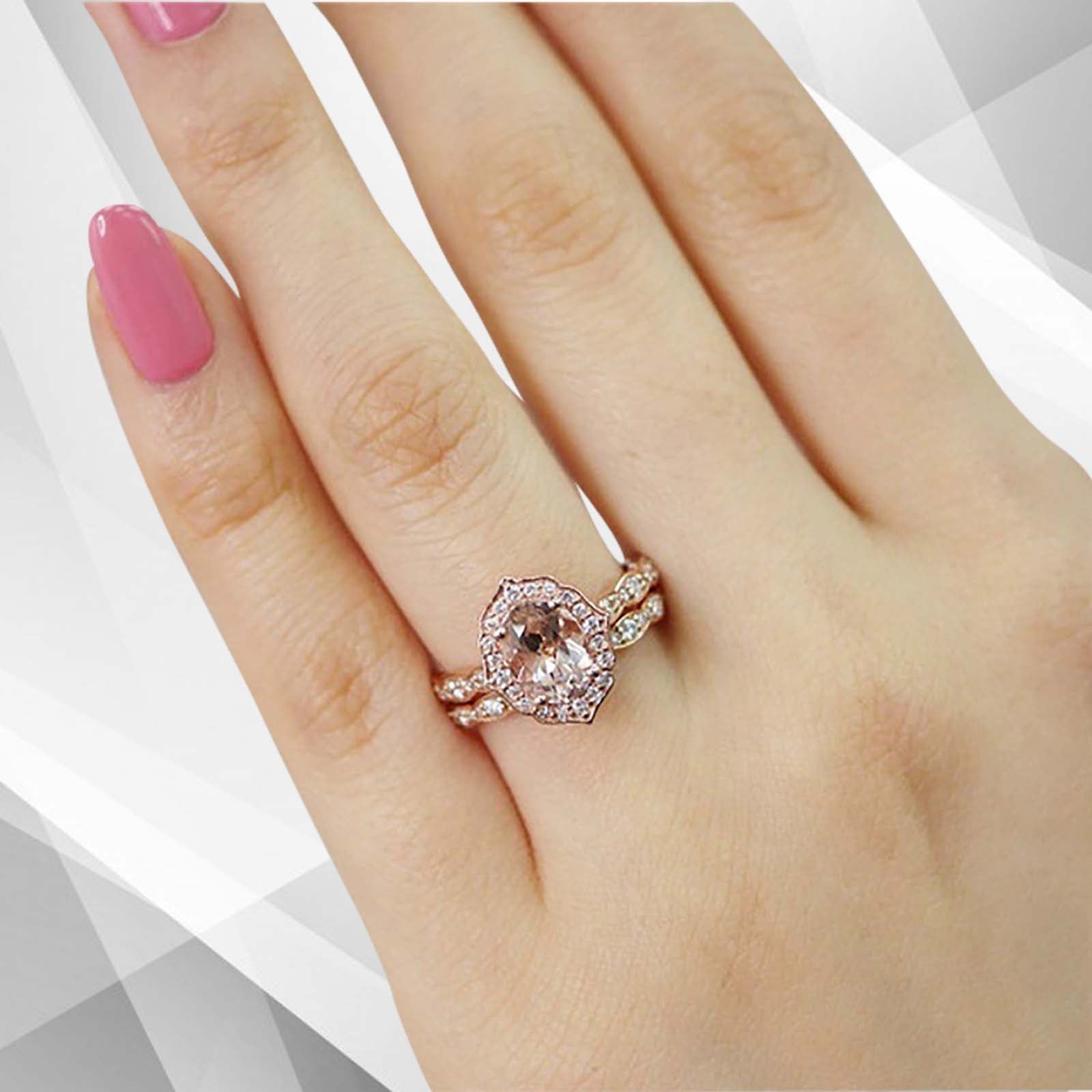 2.50Ct Morganite Diamond Halo Bridal Engagement Ring Set 18Ct Rose