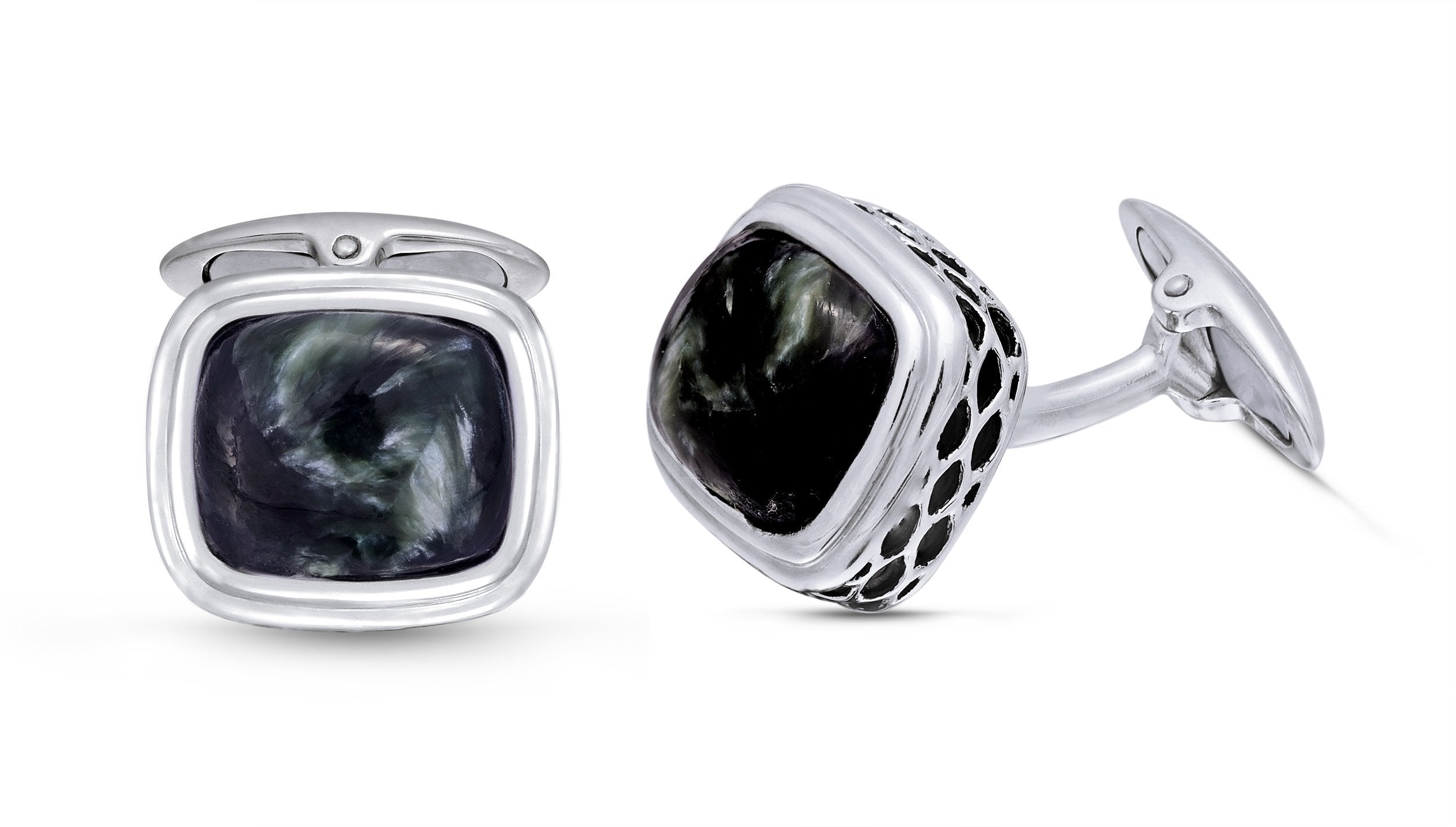 Seraphinite Stone Cufflinks in Black Rhodium Plated Sterling Silver