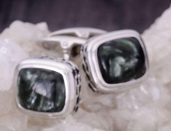 Seraphinite Stone Cufflinks in Black Rhodium Plated Sterling Silver