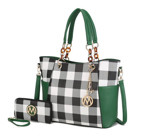 Mariely Checker Tote Handbag & Wallet set, for Women's Vegan Leather