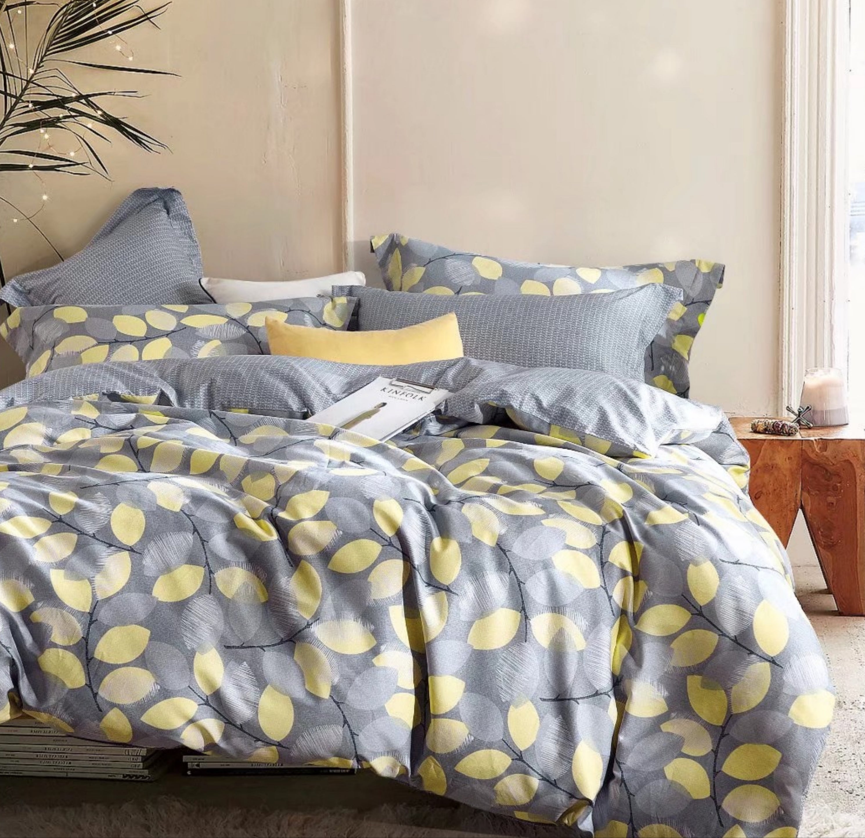 Sistes Gray/Yellow Floral 100% Cotton Reversible Duvet Cover Set