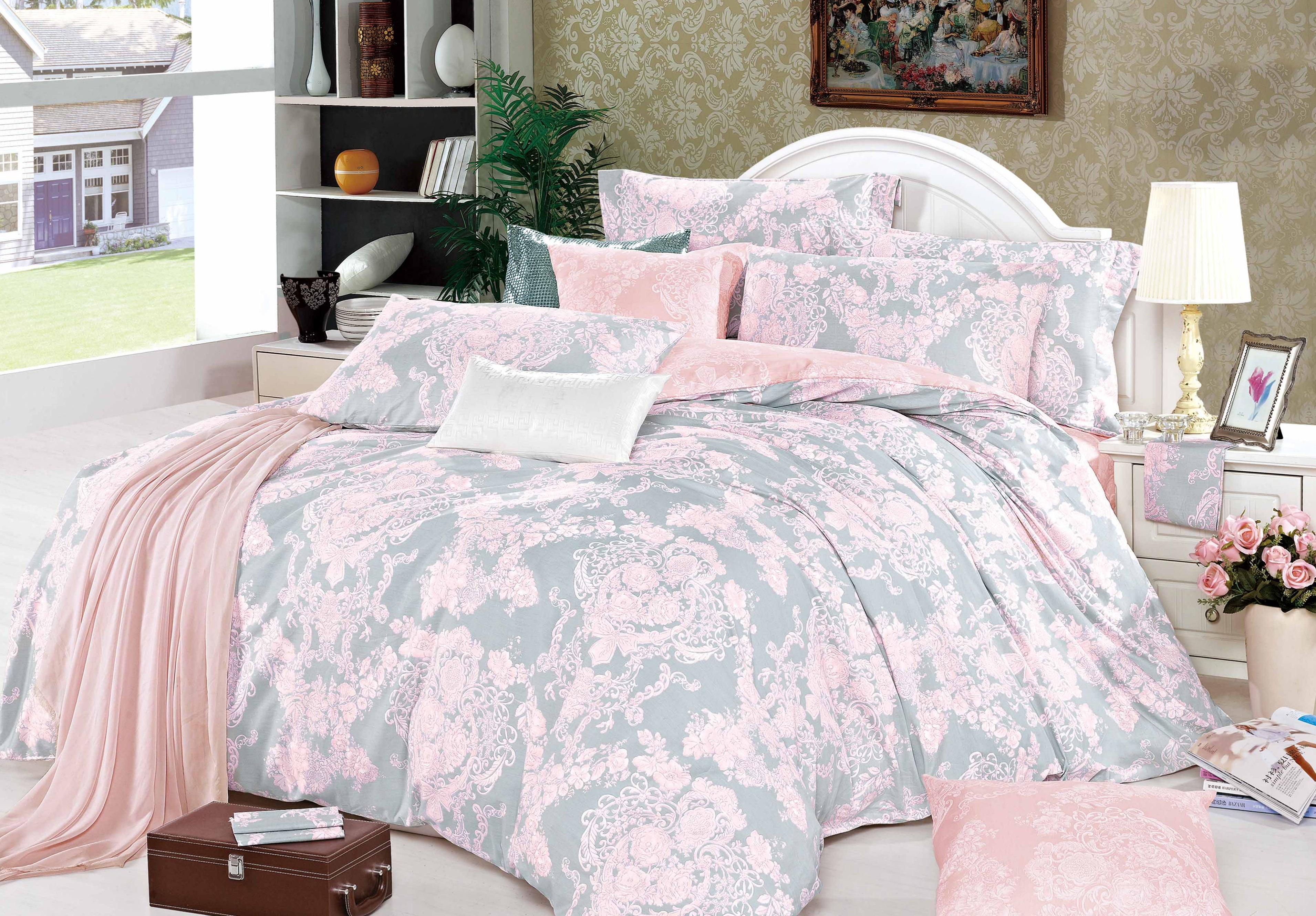 Lauren Pink Damask 100% Cotton Reversible Comforter Set