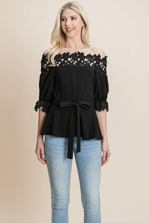 Lace Crochet Self Belted Off The Shoulder Tops with Back Zipper