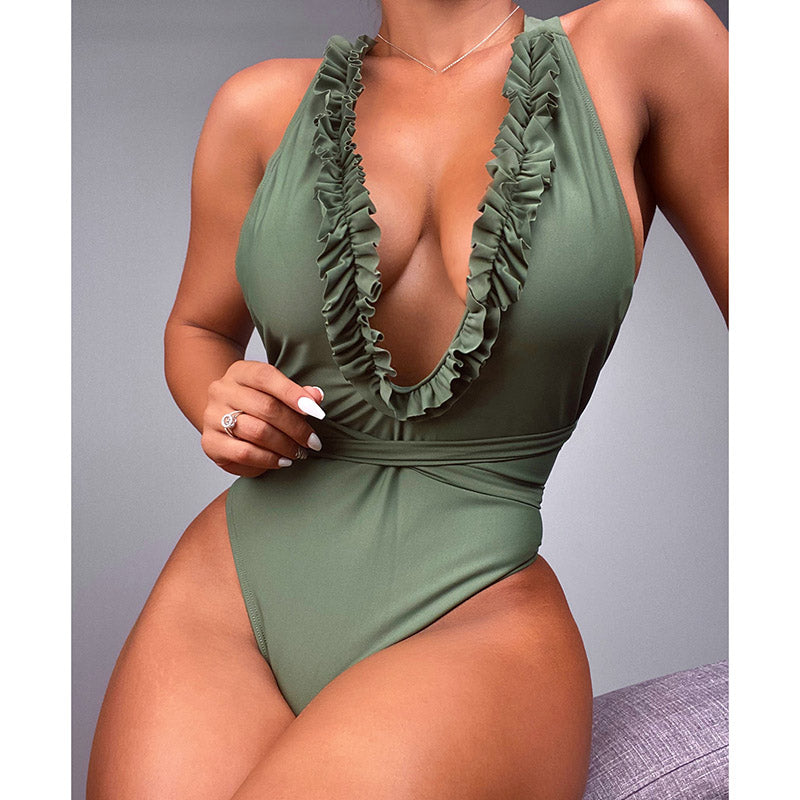 Deep V One Piece Swimsuits Frill Trim Swimwear