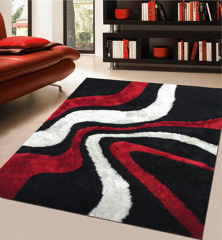 Aria Black, White & Red Soft Pile Shaggy Area Rug