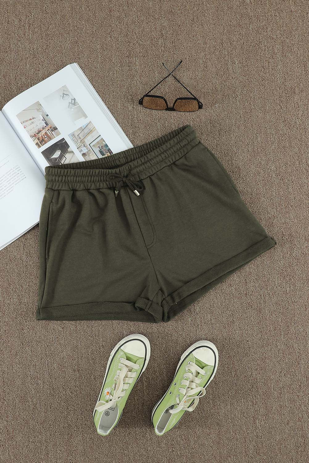 Summer Women Green Tie Waist Side Pockets Cuffed Lounge Shorts