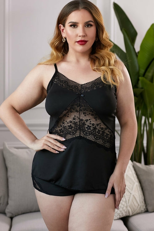 Spaghetti Straps Lace Insert Plus Size Pajamas Set