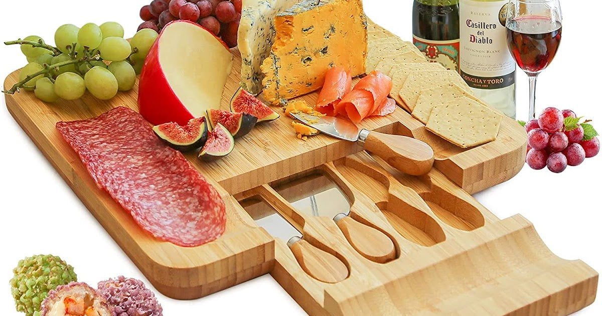 VIKUS Bamboo Cheese Board Set with Cutlery in Slide-Out Drawer