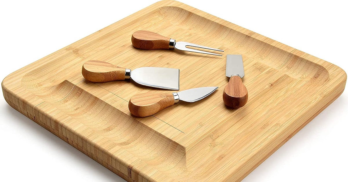 VIKUS Bamboo Cheese Board Set with Cutlery in Slide-Out Drawer