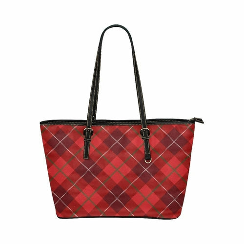 Large Leather Tote Shoulder Bag -  Red And Black Plaid Pattern