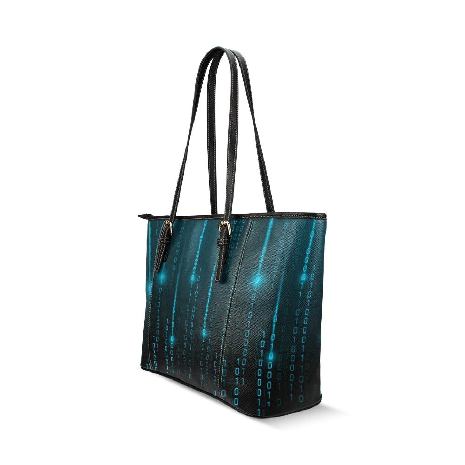 Large Leather Tote Shoulder Bag -  Black And Blue Matrix Pattern