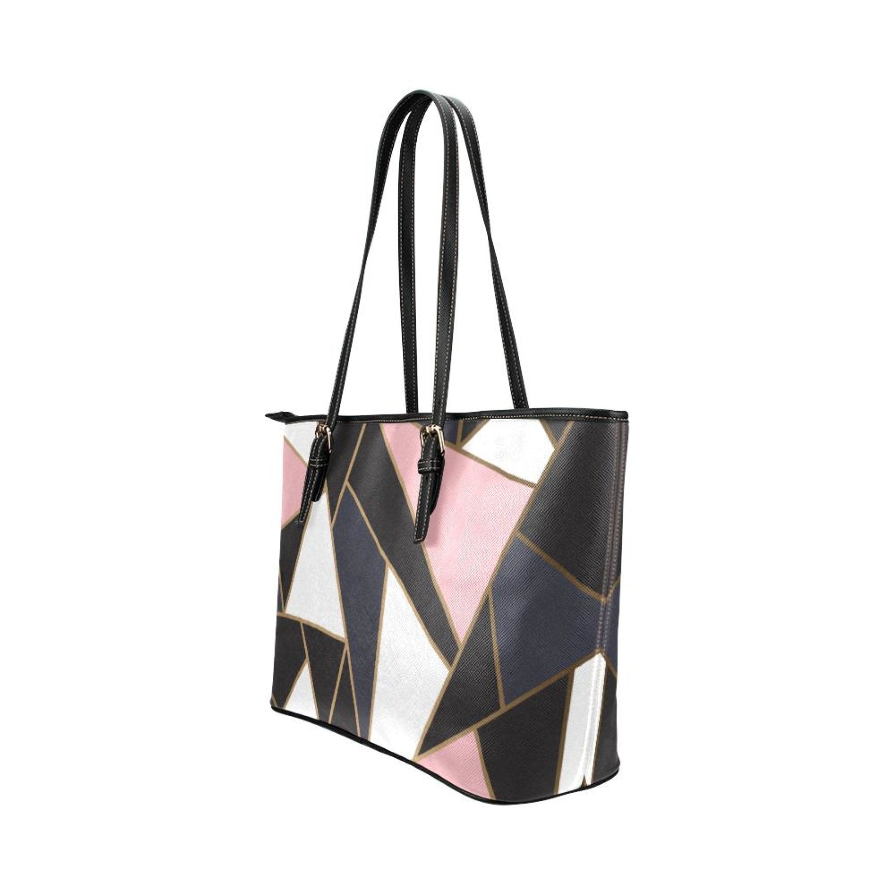 Large Leather Tote Shoulder Bag - Black And Pink Pattern B3554172