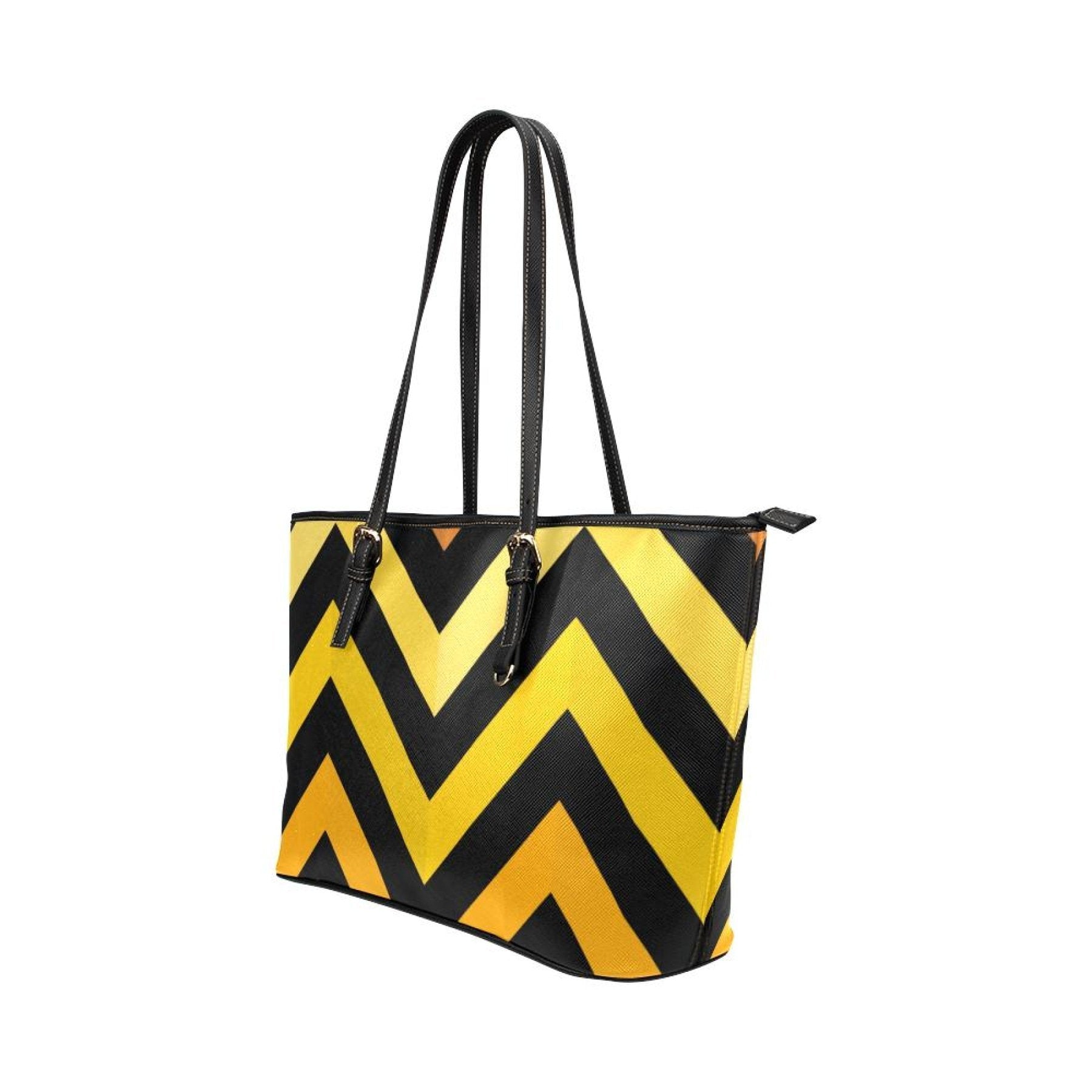 Large Leather Tote Shoulder Bag -  Yellow And Black Herringbone