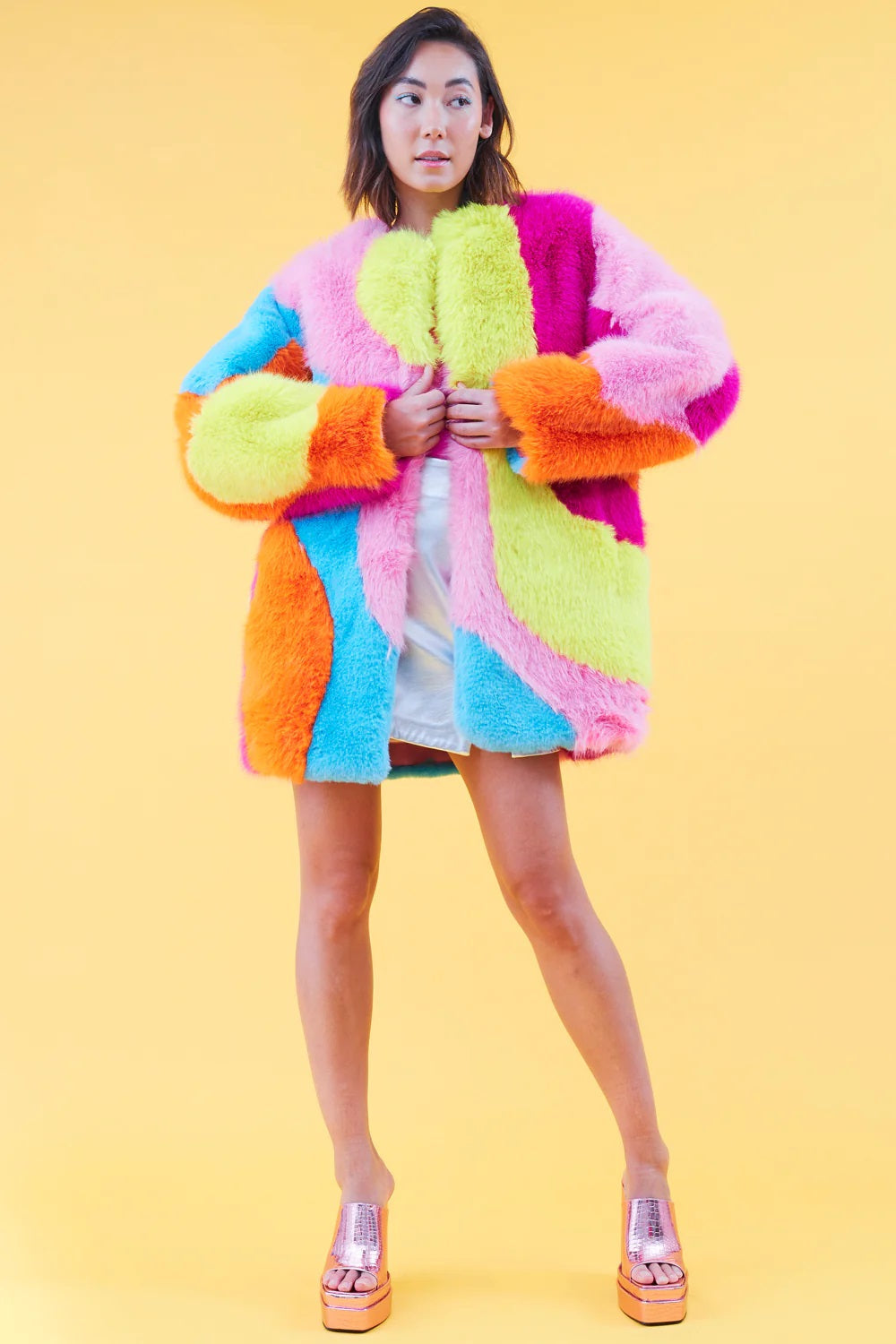 Multi-Coloured Rainbow Faux Fur Coat-0