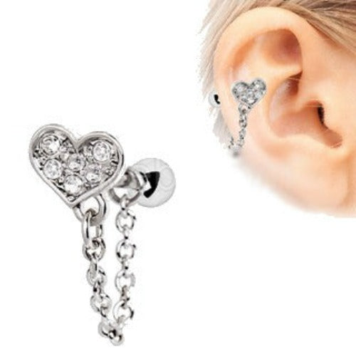 316L Stainless Steel Clear CZ Heart Chain Wrap Cartilage Earring-0