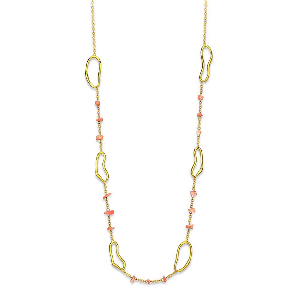 LO3340 - Gold Brass Necklace with Semi-Precious Coral in Rose-0