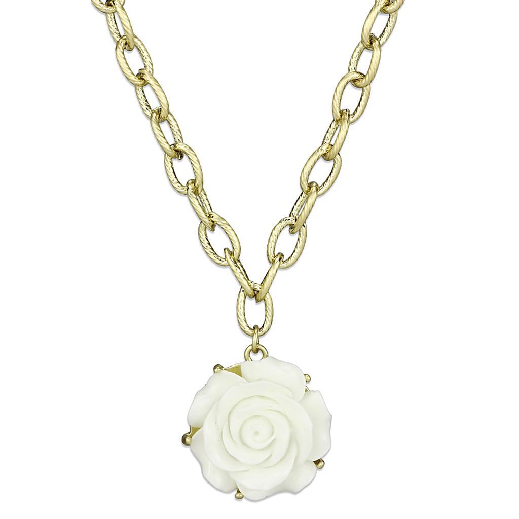 LO3661 - Gold & Brush Brass Necklace with Synthetic Synthetic Stone in White-0