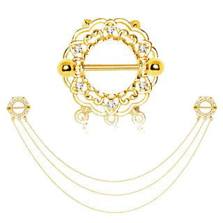 Gold Plated Triple Chain Floral Nipple Shields-2