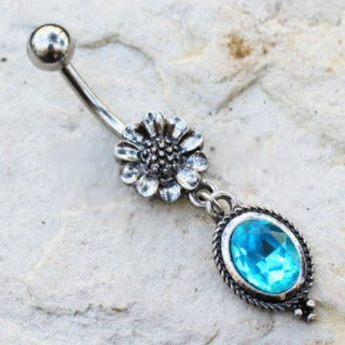 316L Stainless Steel Flower and Aqua Pendant Dangle Navel Ring-1