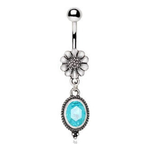 316L Stainless Steel Flower and Aqua Pendant Dangle Navel Ring-0