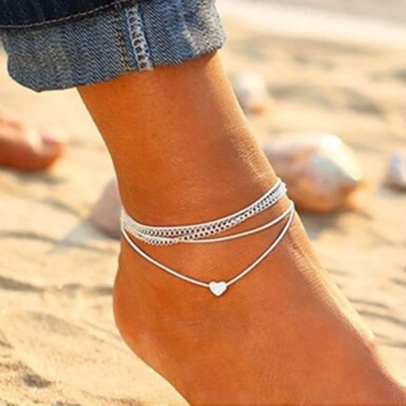 Bohemian Silver Heart Multi Chain Anklet Ankle Bracelet-0