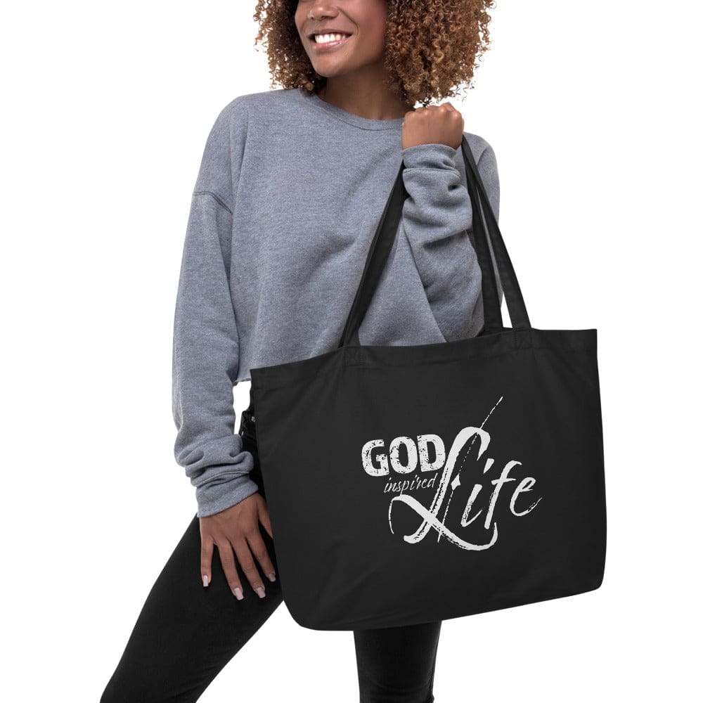 Large Black Tote Bag - God Inspired Life Inspirational Print-1